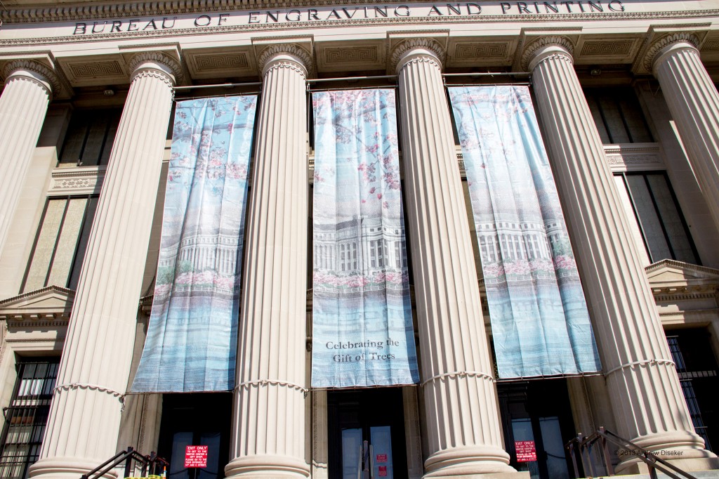 large banners with scenes of the Tidal Basin cherry trees, with the logo "Celebrating the Gift of Trees"